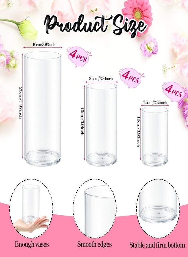 Exclaith 12 Pack Cylinder Vases for Centerpieces 4, 6, 8 Inch Tall Acrylic Cylinder Clear Flower Vase Set Home Decor Centerpiece Table Clear Flower Vase Decorations for Table Shelf, Party, Wedding - Image 2